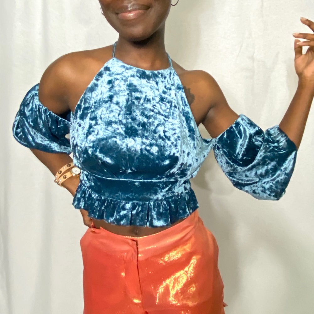 Misa Los Angeles Velvet Blue Halter Top